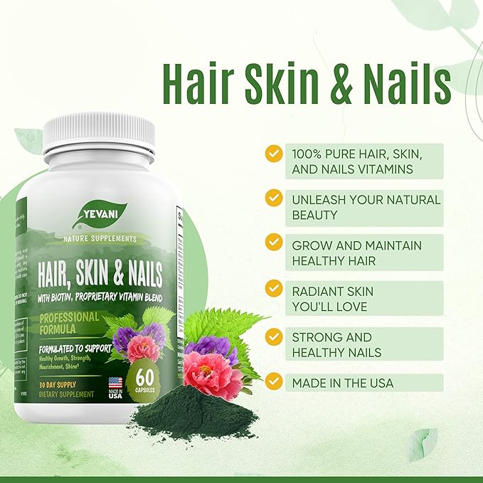 100% Pure Hair, Skin, and Nails Vitamins with Biotin Super Blend Formula, Designed to Support Radiant Beauty, Hair, Skin and Nail Health for Both Women and Men