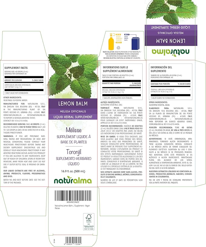 Naturalma Lemon Balm (Melissa officinalis) Leaf Alcohol-Free Tincture - 16.9 fl oz Liquid Extract in Drops - Herbal Supplement - Vegan