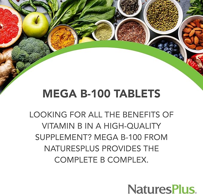 Natures Plus Mega B-100 Complex - 90 Sustained Release Vegetarian Tablets - Energy & Brain Booster - Gluten Free - 90 Servings