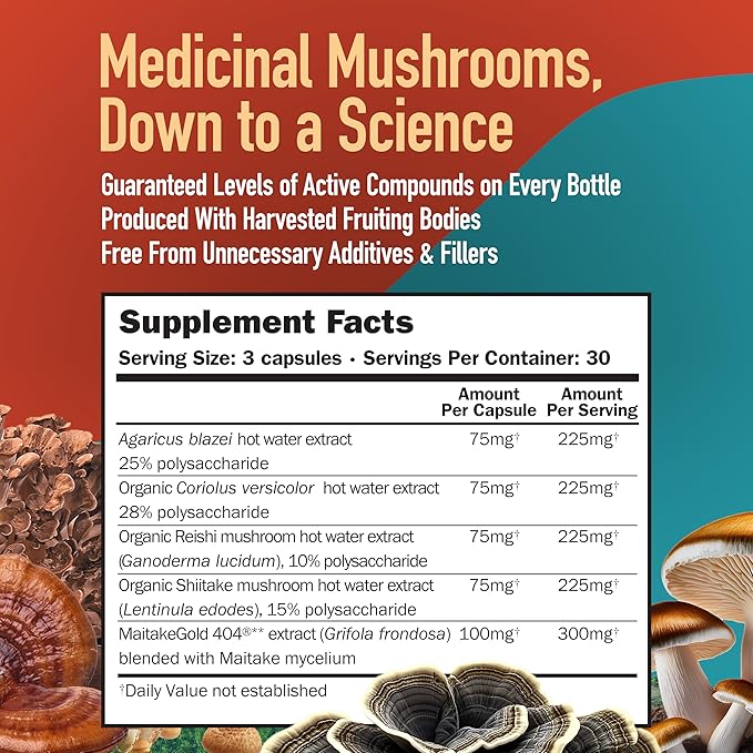 MushroomScience Immune Builder Mushroom Capsules, Full Spectrum Extract with MaitakeGold, Reishi & Shiitake, Mushroom Supplement for Adults, Hot Water Extracted Mushrooms, Vegetarian, 400MG, 90 CT