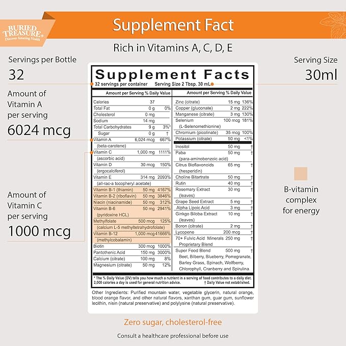 Buried Treasure VM100 Complete Daily Liquid Vitamins and Minerals plus Antioxidants Supplement for Maximum Absorption Great Tasting Orange Zest Flavor 32 Servings 32 Ounce