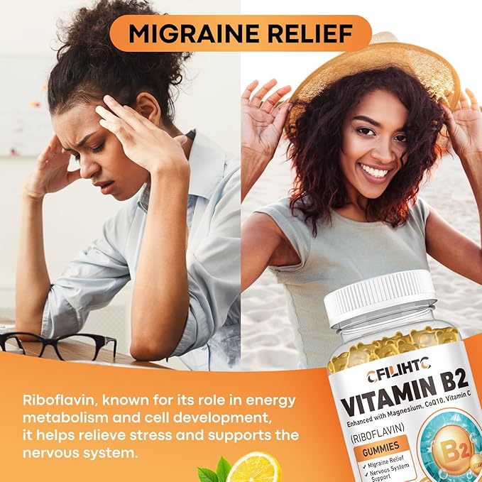 Vitamin B2 Gummies Riboflavin 400mg Supplement for Kids & Adults - Magnesium Glycinate, Zinc, CoQ10, Vitamin B12 - Migraine Relief & Energy, Nervous System Support, Sugar Free Lemon Flavor, 60ct