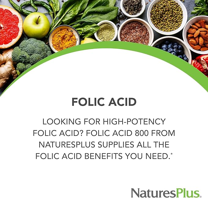 Natures Plus Folic Acid (Methylfolate) - 800 mcg, 90 Vegan Tablets - Supports Healthy Tissue Growth - Vegetarian, Gluten-Free - 90 Servings