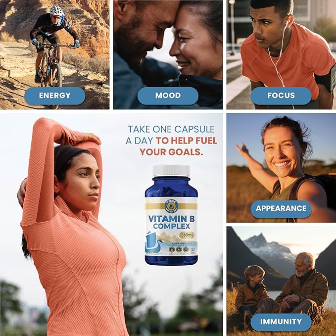 B Complex Supplement – High-Potency B Vitamins with 750mg DFE Folate, 440mg B12 & Biotin | Vegan Non-GMO | Supports Cellular Energy Production & Red Blood Cell Formation | 120 Capsules