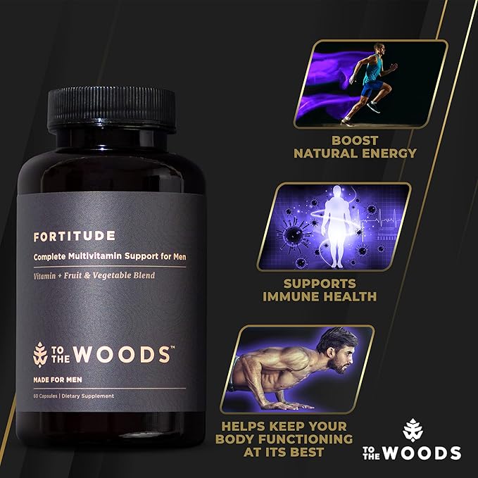 To The Woods Fortitude Complete Multivitamin Support for Men - 20 Organic Raw Fruits & Vegetables, 24 Essential Vitamins & Minerals - Immune Health, Energy Booster (1 Bottle, 30 Capsules)