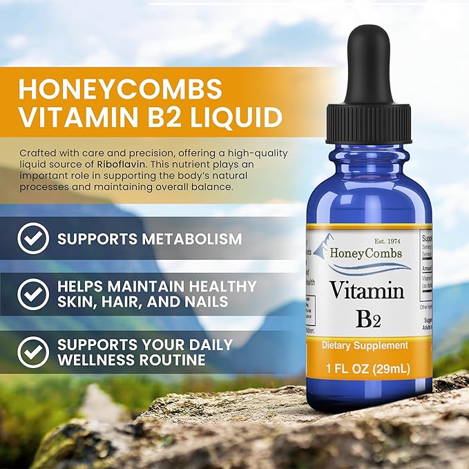 HoneyCombs Vitamin B2 Riboflavin Supplement Liquid Drops - High Potency Vitamin B2 for Men & Women - Maintain Healthy Digestion, Nervous System, Hair, Skin, Nails - Vegan Liquid Vitamins (1 Fl oz)