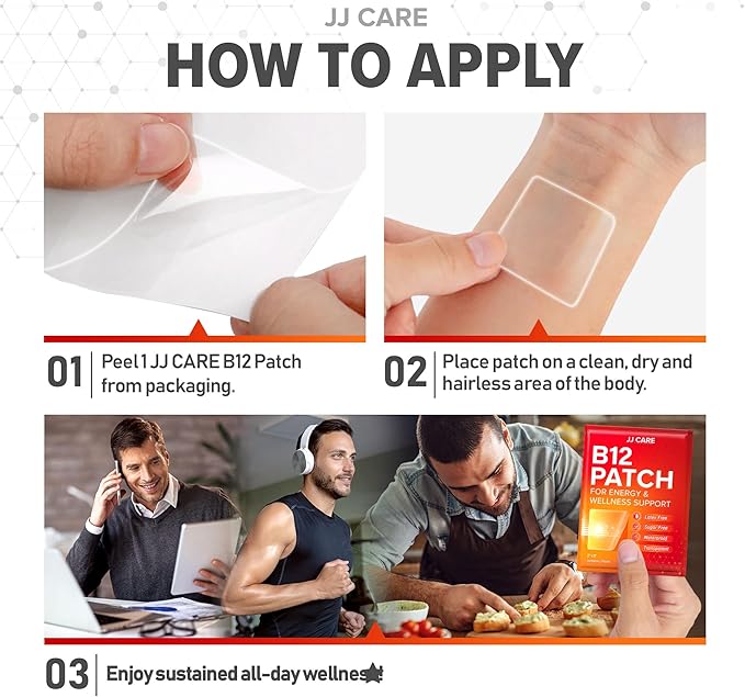 JJ CARE B12 Patch (Pack of 90), Self-Adhesive Natural Blend Topical Daily B12 Energy Patches, 3 Months Supply