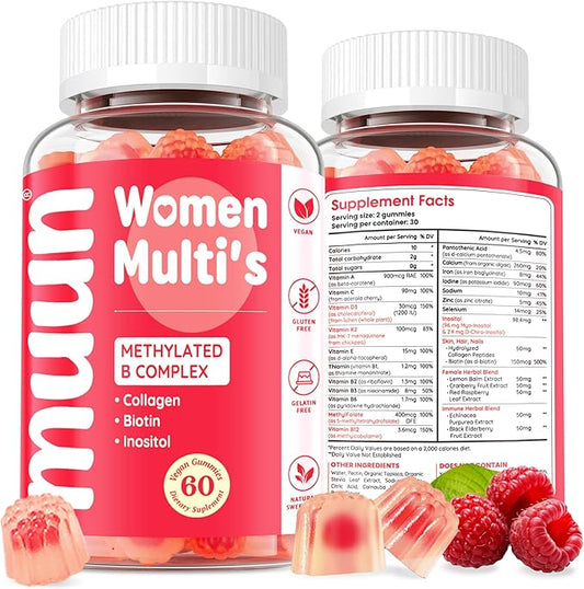 Muun Methylated Multivitamin Gummy for Women 14+, Beauty, Focus & Energy Support, Vitamin B Complex, Low Iron, Methyl Folate, Sugar-Free, Non-GMO