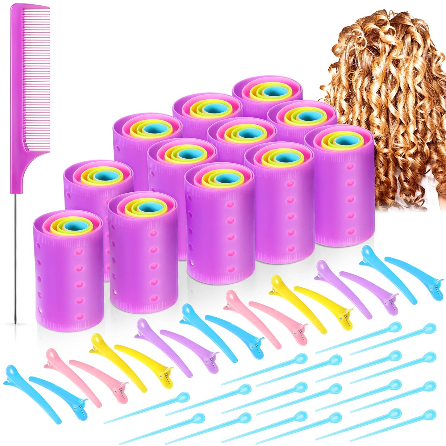 141 Pieces Magnetic Hair Rollers Set, Include 60 Pieces Mixed Sizes Plastic Hair Rollers With 60 Pins, 20 Duck Teeth Hair Clips