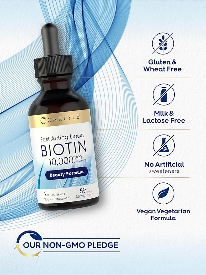 Carlyle Liquid Biotin 10000mcg | 2 oz | Extra Strength Drops | Vegetarian, Non-GMO, Gluten Free Supplement