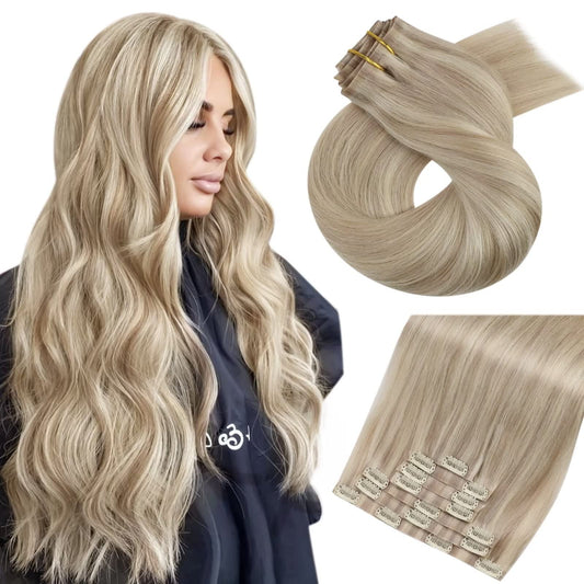 Moresoo Seamless Clip in Hair Extensions Human Hair Blonde Highlight Seamless Hair Extensions Clip ins Human Hair Ash Blonde wit