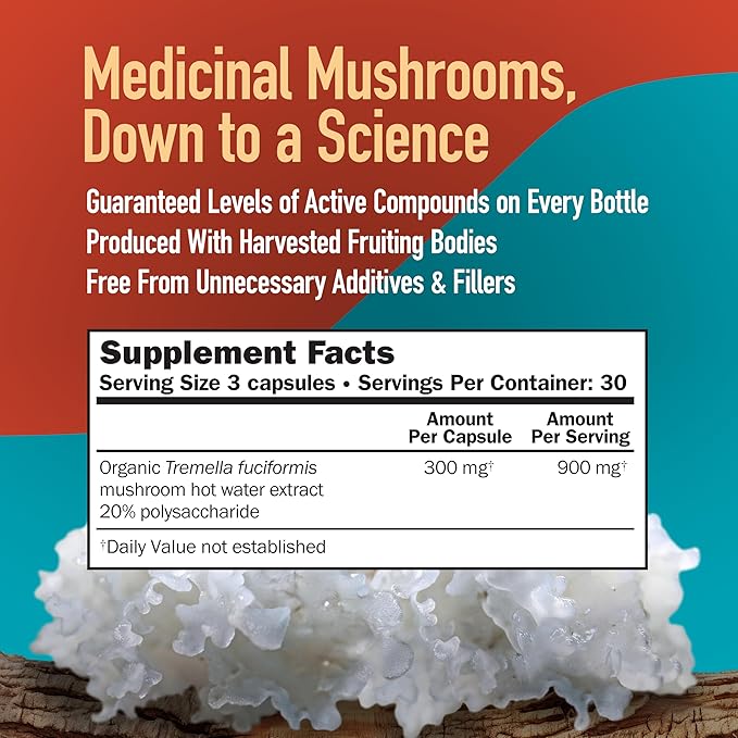 Tremella Mushroom Capsules, Full Spectrum Extract, Healthy Skin Support, Natural Mushroom Supplement for Adults, Hot Water Extracted Mushrooms, Vegetarian, 300MG, 90 Count