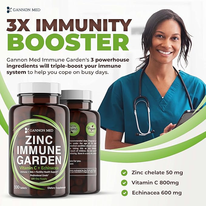 Chelated Zinc 50mg Immune Garden Vitamin C 800mg Zinc Supplements Echinacea 600mg/Tablet - Immunity + Skin + Reproductive Health Minerals, Zinc Chelate Immune Booster for Kids & Adults