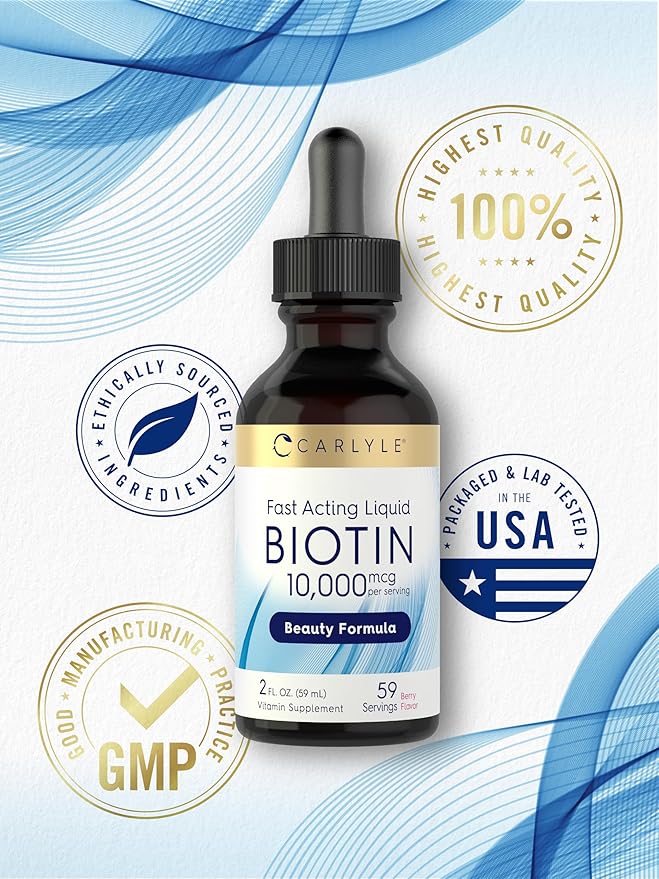 Carlyle Liquid Biotin 10000mcg | 2 oz | Extra Strength Drops | Vegetarian, Non-GMO, Gluten Free Supplement