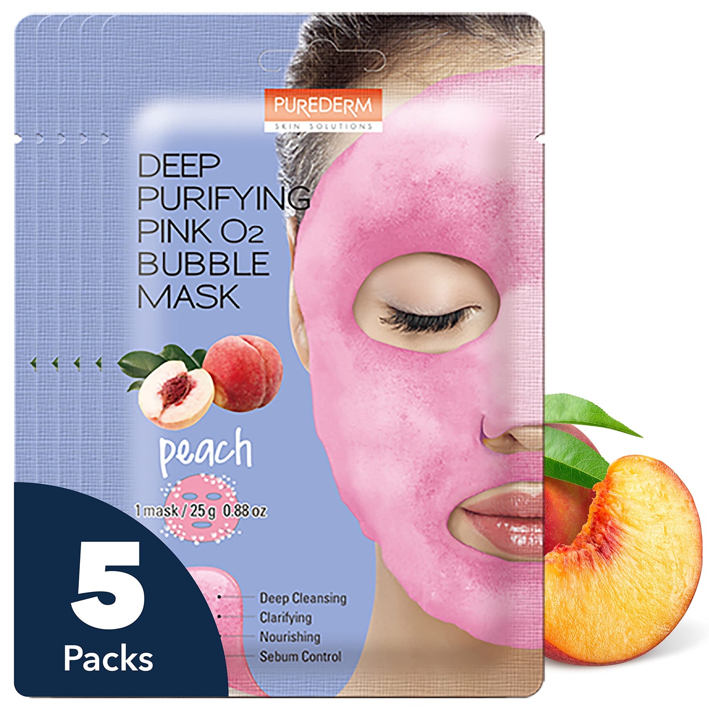 Purederm Deep Purifying Pink O2 Bubble Mask Peach (5 Pack) - Bubble Face Sheet Mask for Purifying & Moisturizing