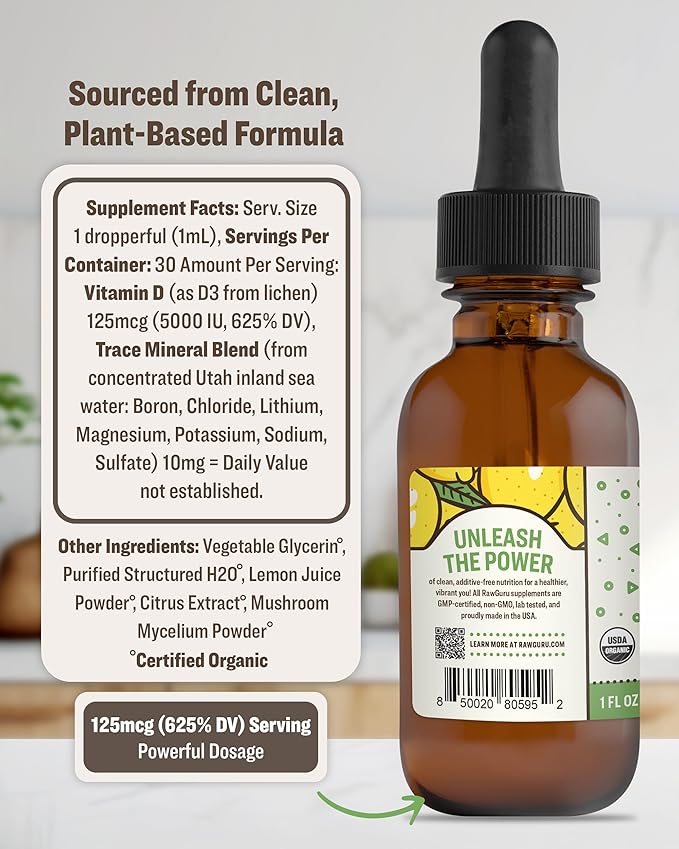 RawGuru Organic Vitamin D3 Complex - Vegan Vitamin D3 with Trace Minerals - Nano-Processed Immunity Boost & Cognitive Supplement Tincture - 30 Servings of Vegan Drops per 30 ml, Pack of 1
