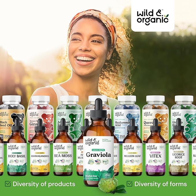 Wild & Organic Graviola Soursop Multivitamin Drops - 500 mg Guanabana Fruit & Soursop Leaves for Antioxidant Support - Vegan, Sugar & Alcohol-Free Tincture - 4 fl oz