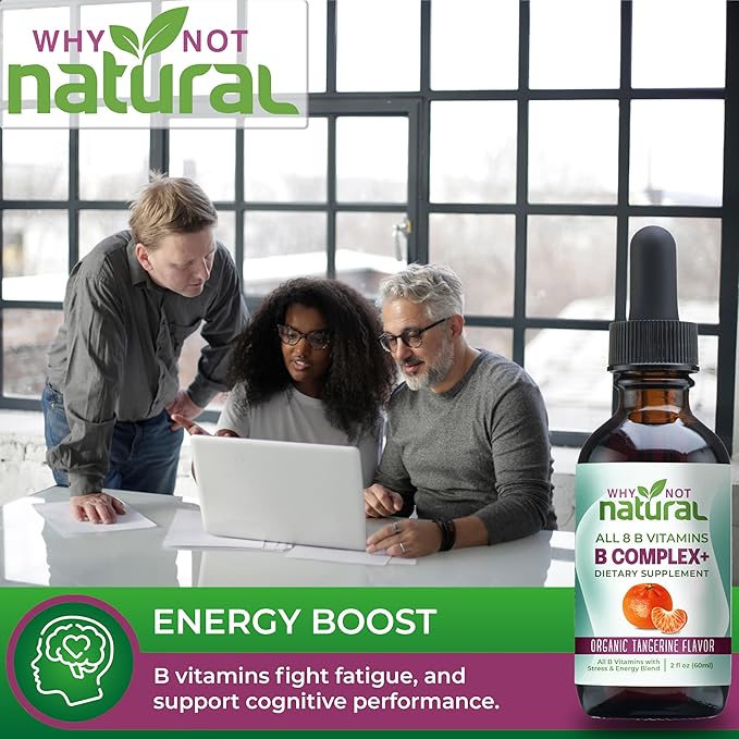 Why Not Natural Vitamin B Complex Liquid Drops - Organic Supplement for Women - Vegan and Sublingual Forms of B1 B2 B3 B5 B6 Biotin Folate and Choline - Plus Blend for Energy Support