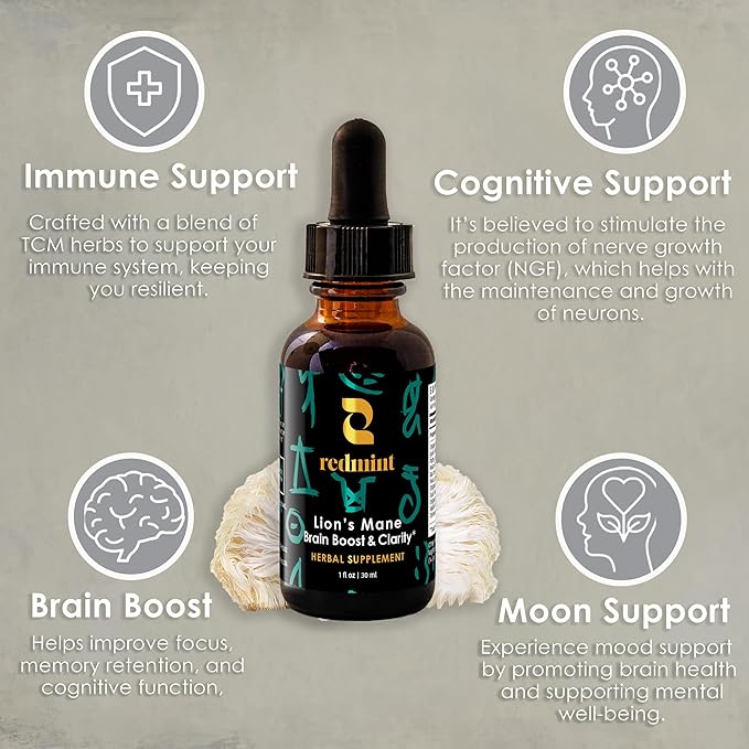 Redmint Lion's Mane Mushroom Herbal Tincture - Brain Boost & Clarity | Organic Immune Support Mushroom Supplement Rooted in Ancient TCM Wisdom for Focus, Memory Health & Wellness | 1 fl oz