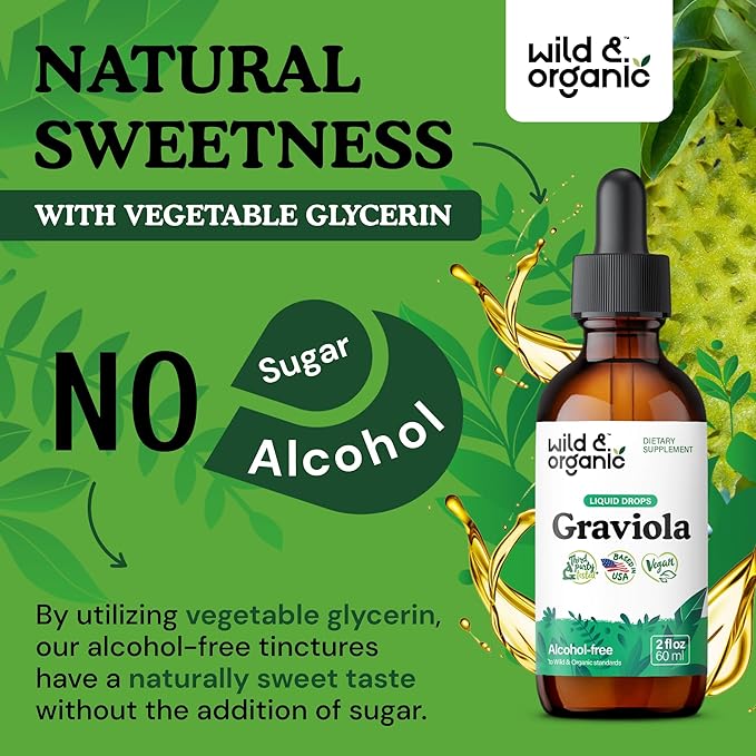 Wild & Organic Soursop Graviola Liquid Drops - Guanabana Leaves & Soursop Fruit Tincture for Antioxidant Support - Graviola Leaf Extract Supplement - Vegan, Sugar & Alcohol-Free - 2 fl oz
