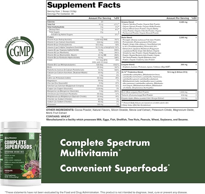 Complete Superfoods, Greens & Reds Blend*, Apple Cider Vinegar, Digestive Enzyme Blend*, Probiotic Blend*, Multivitamin* (Chocolate - 30 Servings)