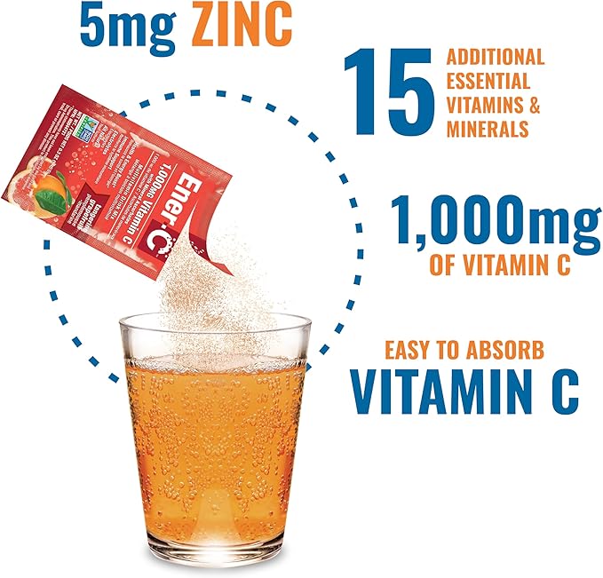 Ener-C Tangerine & Grapefruit Multivitamin Drink Mix, 1000mg Vitamin C, Non-GMO, Vegan, Real Fruit Juice Powders, Natural Immunity Support, Electrolytes, Gluten Free, 1-Pack of 30