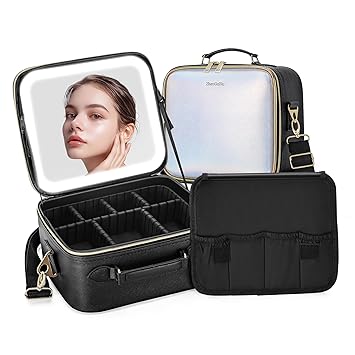 Travel Makeup Bag Cosmetic Organizer with Lighted Mirror, Waterproof Light Up Case for Brush Holder Storage, Large Toiletry Women Gift