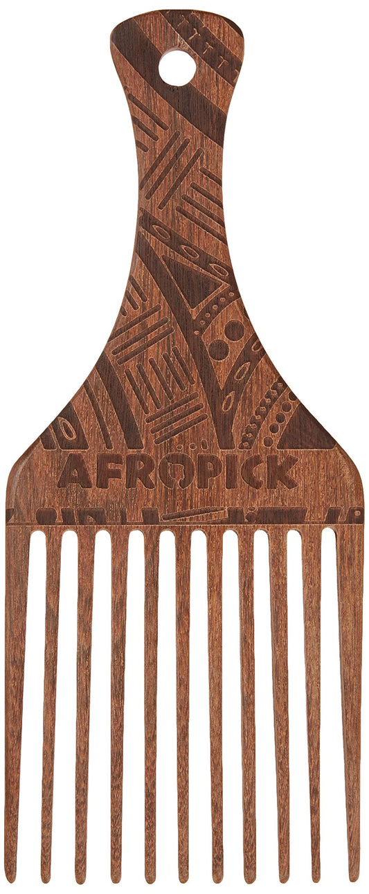 Afropick Wood Hair Pick For Long, Thick, Curly, & Afro Hair (Engraved Brown)