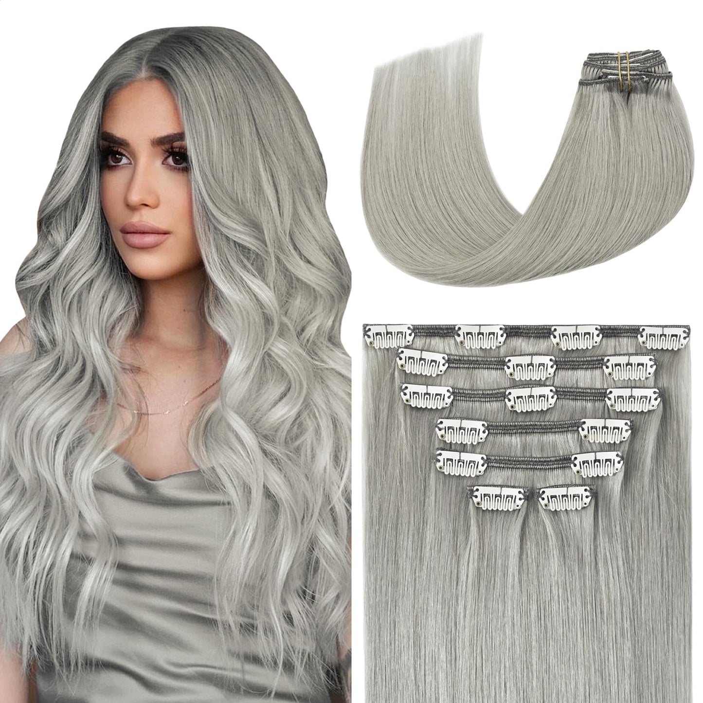 Aison Silver Clip In Hair Extensions Real Human Hair 70G Grey Remy Human Hair Clip In Extensions 22 Inch Soft Silky Straight For