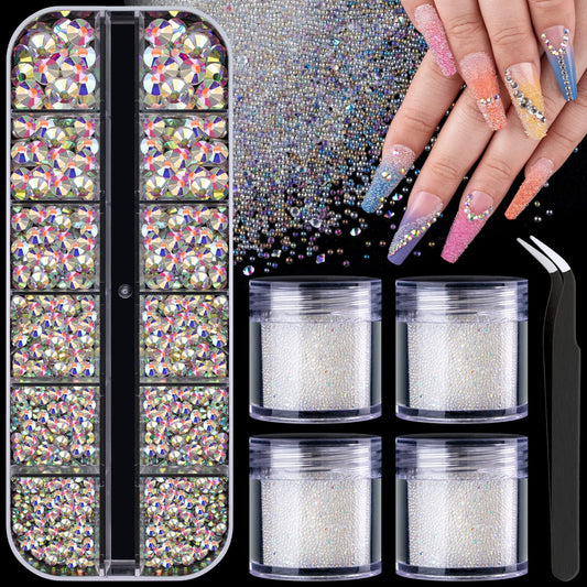 1.5-6Mm Round Ab Nail Rhinestones Crystals For Nail Art Manicure And Ab Pixie Caviar Beads, Sugar Tiny Dust Glass Iridescent Lon