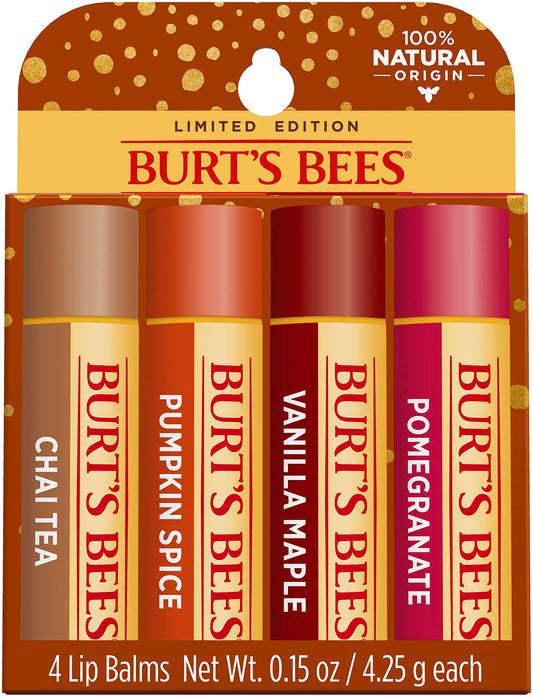 Burts Bees 100% Natural Moisturizing Lip Balm, Winter Variety Pack, Chai Tea, Pumpkin Spice, Vanilla Maple, Pomegranate, 4 Tubes