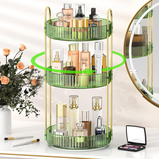 MOKANI 360 Rotating Makeup Organizer for Vanity, 3 Tier Adjustable Perfume Organizer for Dresser, Multi-Function Spinning Cosmetics Skincare Storage for Bedroom, Dresser, Countertop, Green