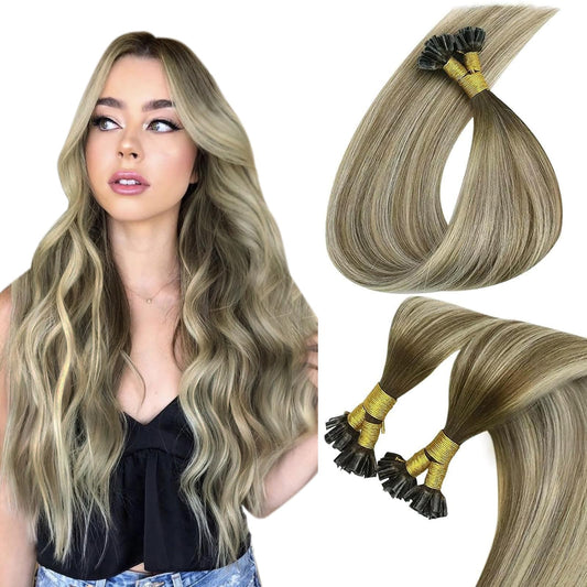 Sunny Hair Brown U Tip Hair Extensions Ombre 22Inch U Tip Hair Extensions Human Hair Cool Brown Balayage Light Brown Highlight B