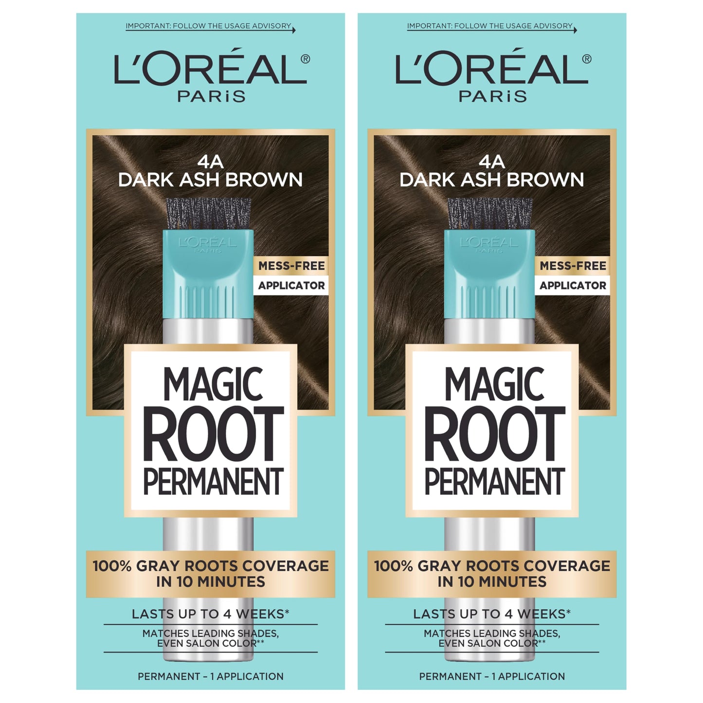 L’Oréal Paris Magic Root Permanent Hair Color, 10 Minute Hair Dye Kit to Rescue Roots with 100% Gray Hair Coverage, 4A Dark Ash Brown, 2 Pack (Packaging May Vary)