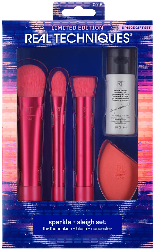 Real Techniques Limited Edition Sparkle + Sleigh Makeup Brush & Sponge Kit, Makeup Spone Blender & Face Brushes For Flawless Fin