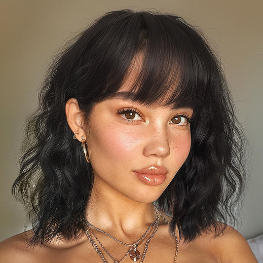 Nnzes Black Wavy Wigs With Bangs Womens Short Black Bob Wig Synthetic Natural Looking Heat Resistant Fiber Hair