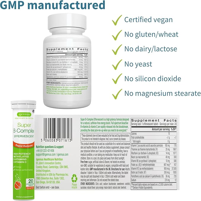 Super B-Complex Bundle, 180 Sustained-Release Tablets & 20 Orange Flavor Effervescent Tablets for Fast Energy On The Go, by Igennus