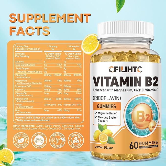 Vitamin B2 Gummies Riboflavin 400mg Supplement for Kids & Adults - Magnesium Glycinate, Zinc, CoQ10, Vitamin B12 - Migraine Relief & Energy, Nervous System Support, Sugar Free Lemon Flavor, 60ct