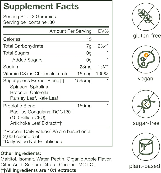 Greens Superfood Gummies, Boost Energy, Gut & Immune Support, Sugar-Free, Vegan with Broccoli, Spinach, Kale, Spirulina, Chlorella, Probiotics & Multivitamin, Apple Flavor, 60 Count