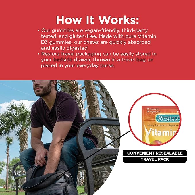 Vitamin D3 Gummies (112 Total, 8-Pack, 14 Per Pouch) - Flavorful Peach, Mango & Strawberry Wellness Chews/Heart & Bone Support/Vegan & Gluten Free/Soft Tasty Chewables for Adults & Kids