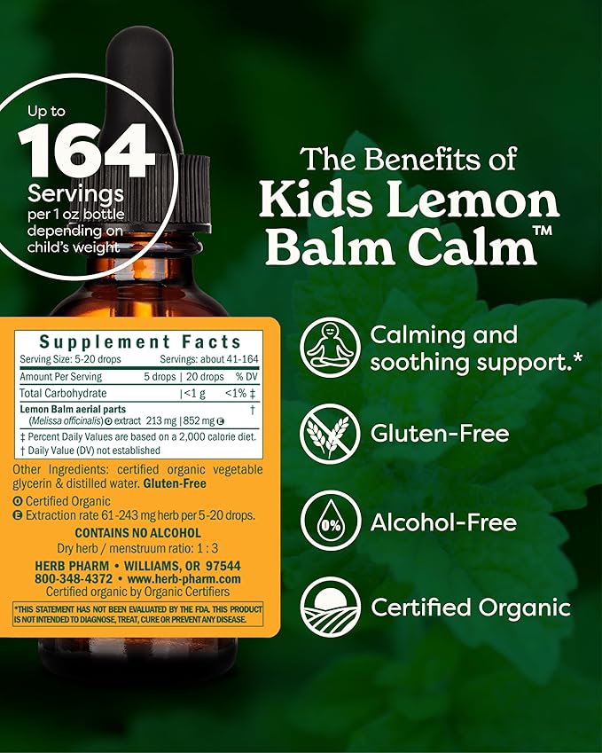 Herb Pharm Kids Certified-Organic Alcohol-Free Lemon Balm Calm Liquid Extract, 1 Ounce (GLKLEMON01)