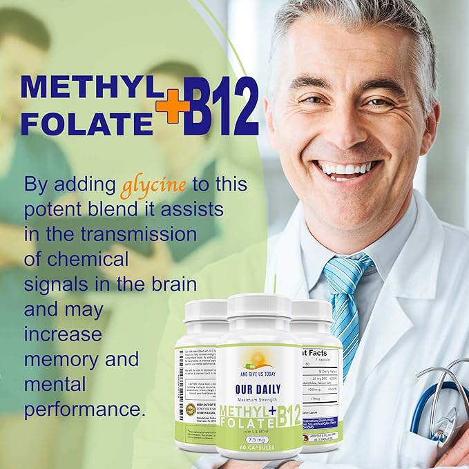 L-Methylfolate 7.5 mg + B 12 (1000 mcg) - 60 Capsules - Methylated & Glycine - Boost Mood, Energy & Memory - Immune Support & VItamin Supplement for Men & Women - Non-GMO, Vegetarian Capsules
