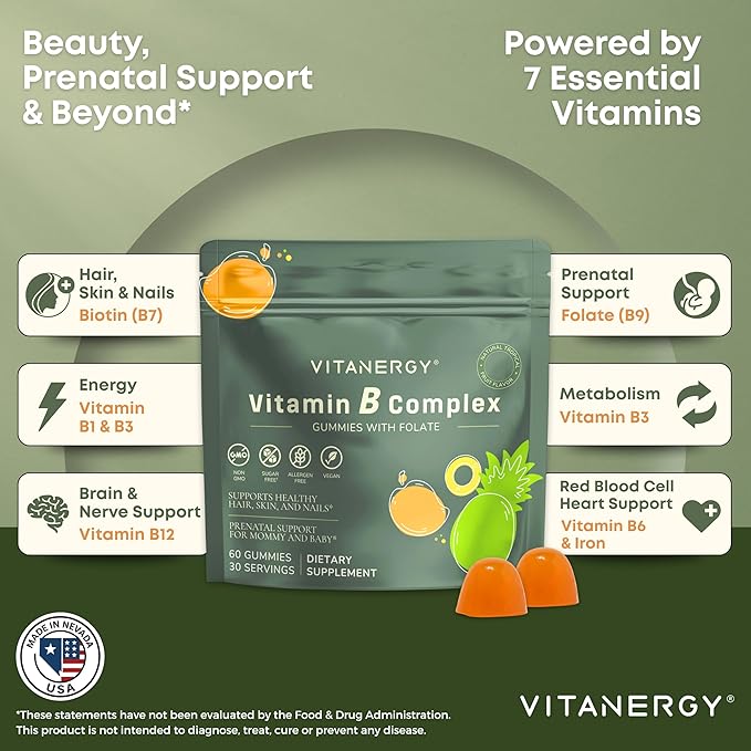 Tropical B Complex Gummies for Women – Sugar-Free, Vegan, Non-GMO – 7 B Vitamins + Iron, Energy & Immune Support – Portable Pouch, Made in USA, 60 Count