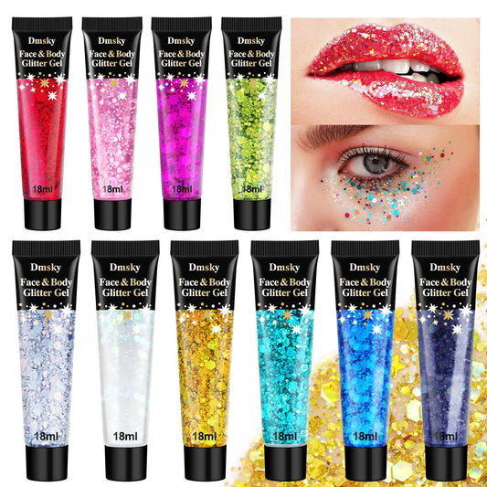 Body Glitter Hair Glitter Face Paint Sparkles Makeup,10 Colors Glitter Gel Singer Concerts Disco Rave Festival Valentine’s Day Accessories,Chunky Sequins Mermaid Gel for Women Eyeshadow Children Hair