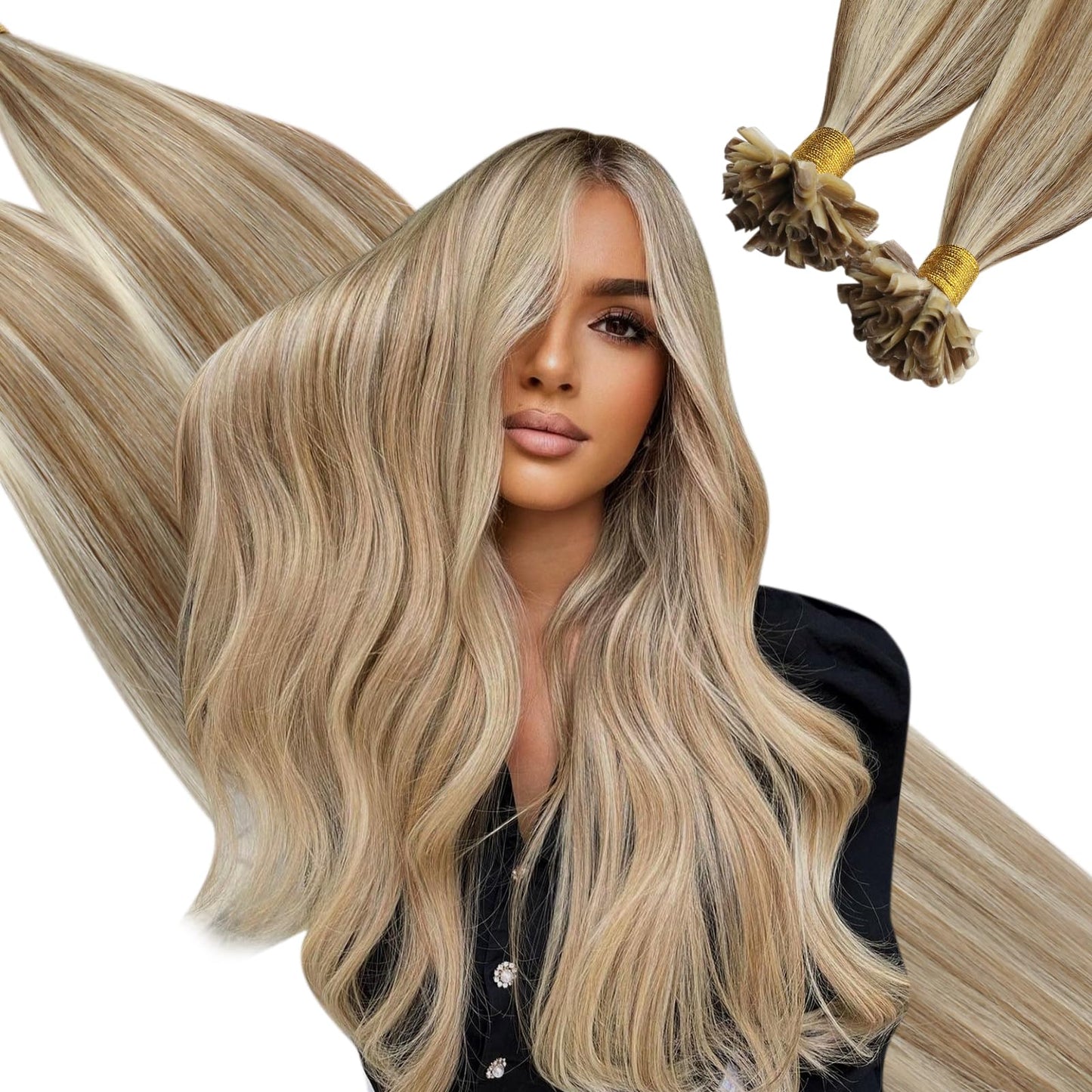 Ugeat Hair Extensions Utip Blonde Highlights Keratin Real Hair Extensions Golden Brown Highlights Bleach Blonde Human Remy Hair