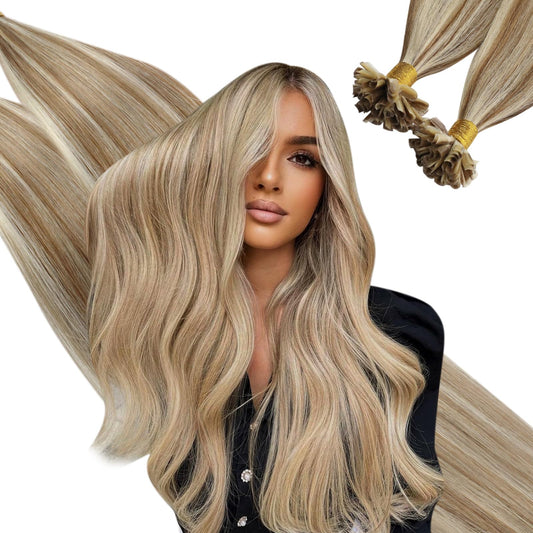 Ugeat Hair Extensions Utip Blonde Highlights Keratin Real Hair Extensions Golden Brown Highlights Bleach Blonde Human Remy Hair