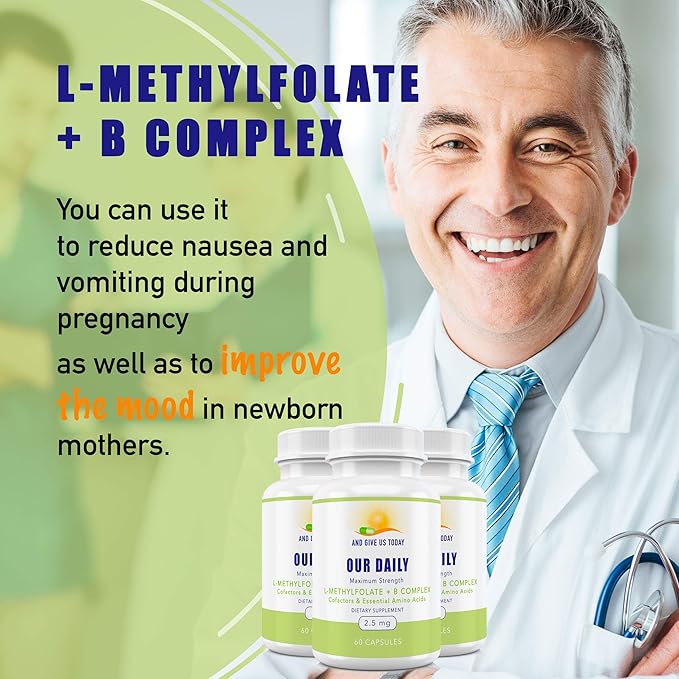 Our Daily Vites L-Methylfolate B Complex Cofactors & Essential Amino Acids (2.5mg) - Active Folate, Methylated B12 Methylcobalamin, B6 and Glycine - 60 Count