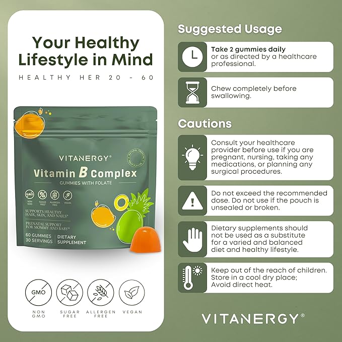 Tropical B Complex Gummies for Women – Sugar-Free, Vegan, Non-GMO – 7 B Vitamins + Iron, Energy & Immune Support – Portable Pouch, Made in USA, 60 Count