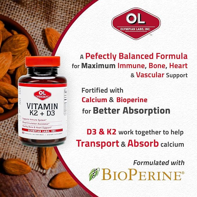 Olympian Labs Vitamin K2 + D3, 60 Servings, Supports Immune System, Bone and Heart Support, 60 Vegan Capsules (Pack of 2)
