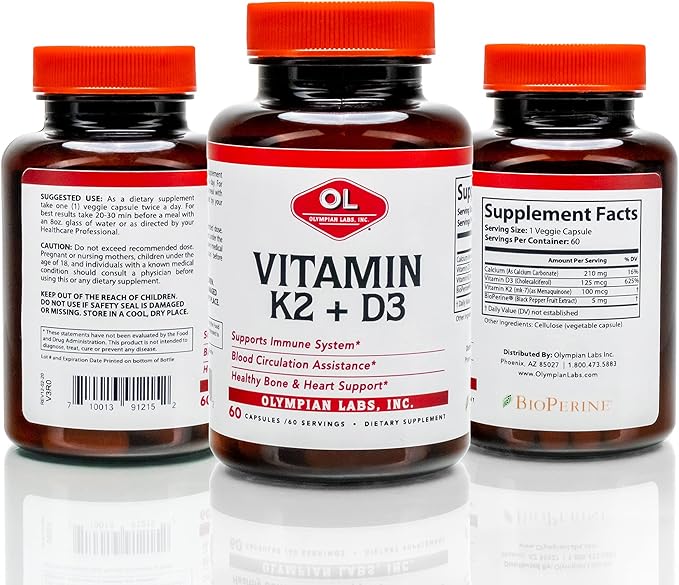 Olympian Labs Vitamin K2 + D3, 60 Servings, Supports Immune System, Bone and Heart Support, 60 Vegan Capsules (Pack of 2)